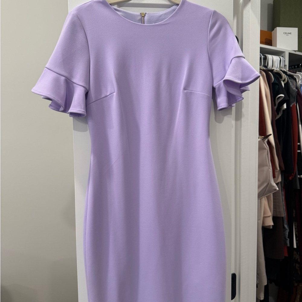 Calvin Klein Lavender Midi Dress with Ruffle Sleeves